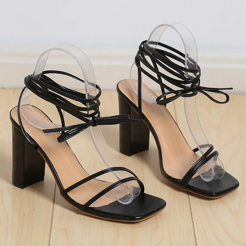 2024 Summer Sexy Square Headed Tie up Thin Heels High Heels Cross Sandals