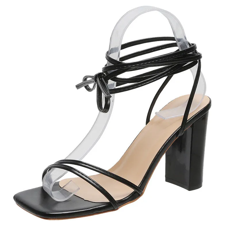 2024 Summer Sexy Square Headed Tie up Thin Heels High Heels Cross Sandals