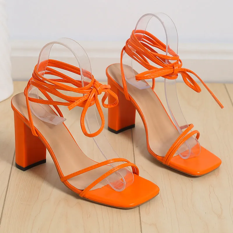 2024 Summer Sexy Square Headed Tie up Thin Heels High Heels Cross Sandals