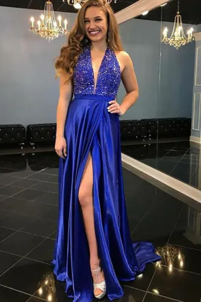 A-Line Deep V-Neck Sweep Train Royal Blue Satin Split Prom Dress with Beading LRA239