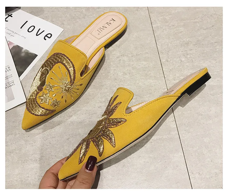 BOOPDO DESIGN BACKLESS LOAFERS WITH GOLD EMBROIDERY