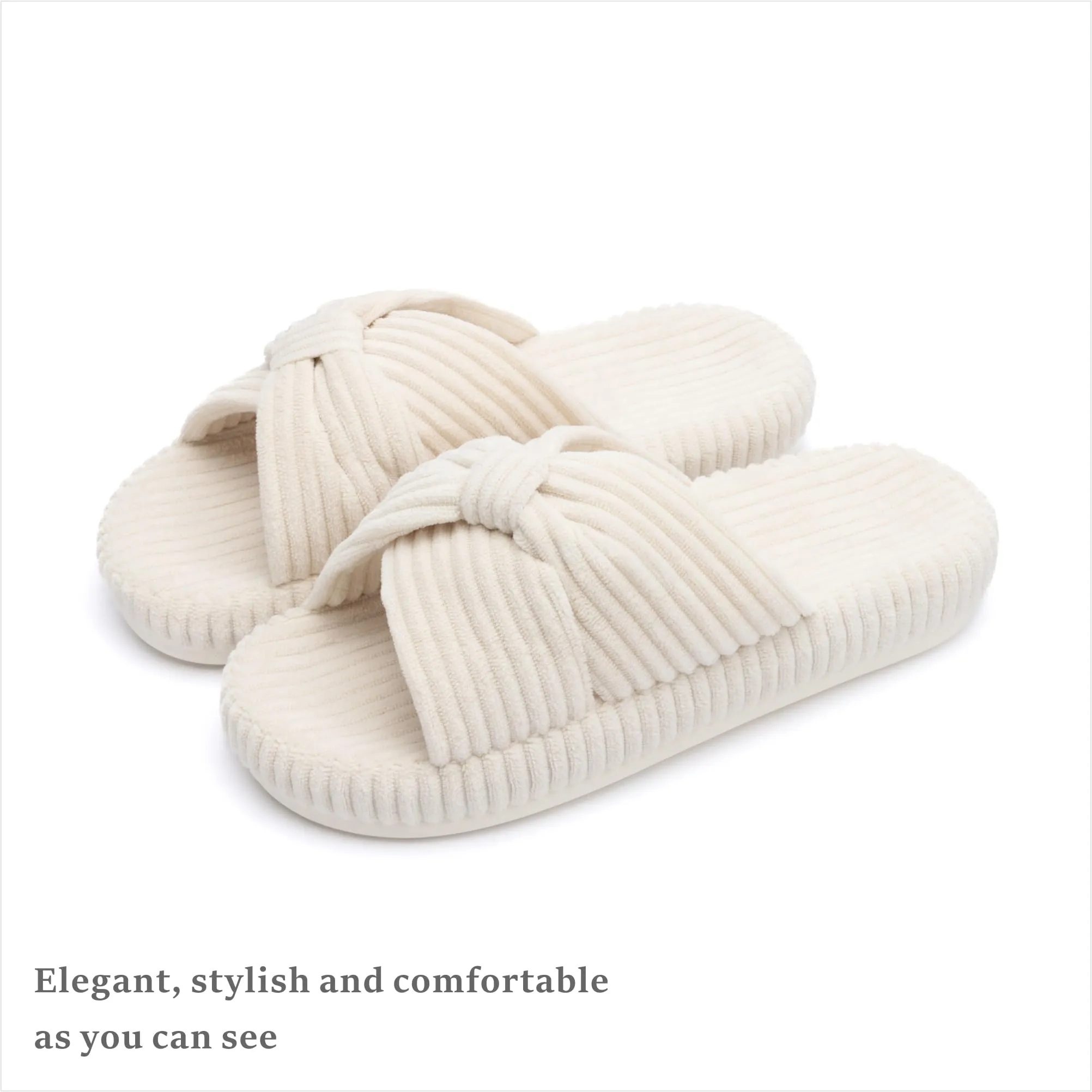 Chantomoo Slippers for Women Memory Foam House Bedroom Corduroy Bow Crossbands Slide Slipper Shoes Comfy Trendy Gift Slippers Beige Size 9 10 8.5