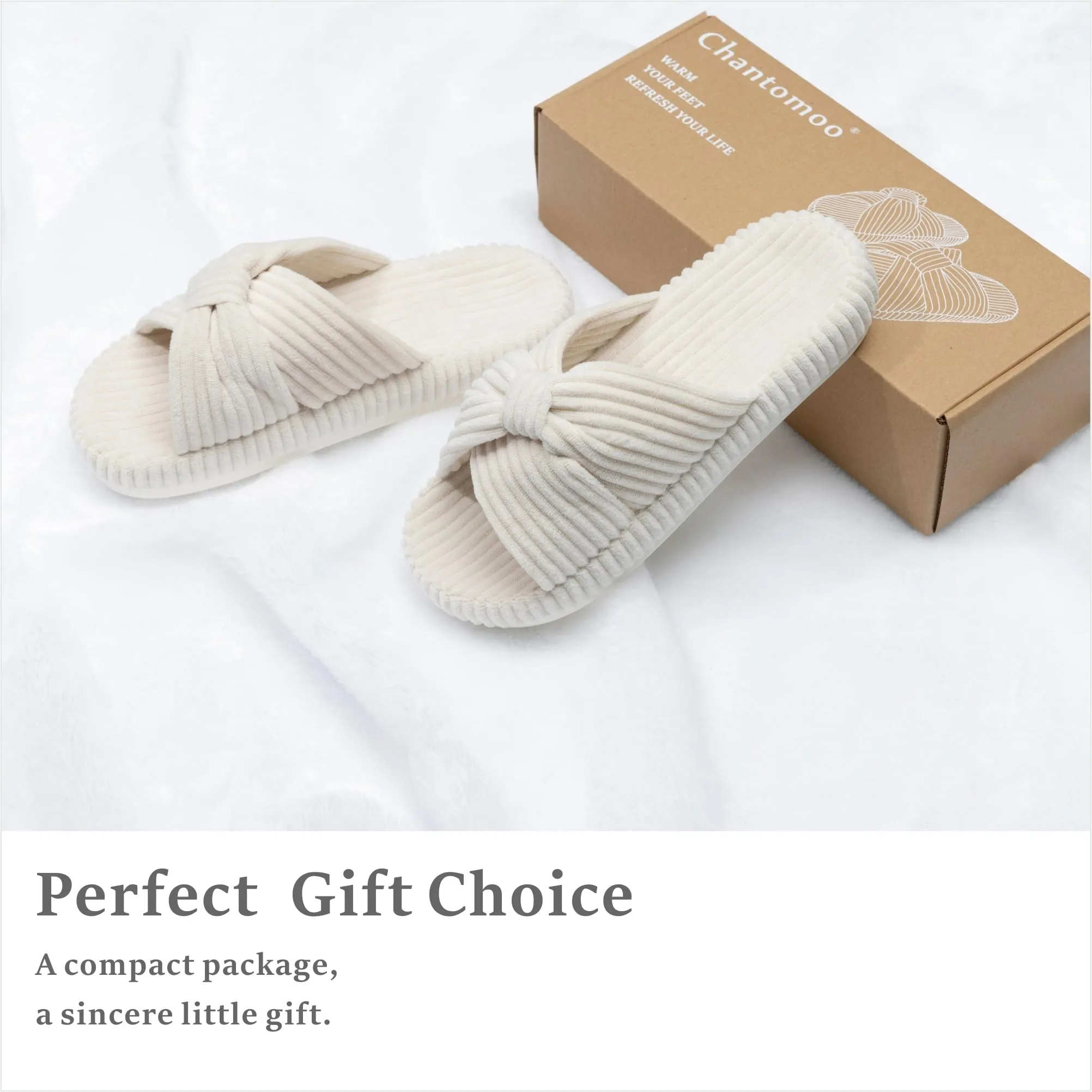 Chantomoo Slippers for Women Memory Foam House Bedroom Corduroy Bow Crossbands Slide Slipper Shoes Comfy Trendy Gift Slippers Beige Size 9 10 8.5