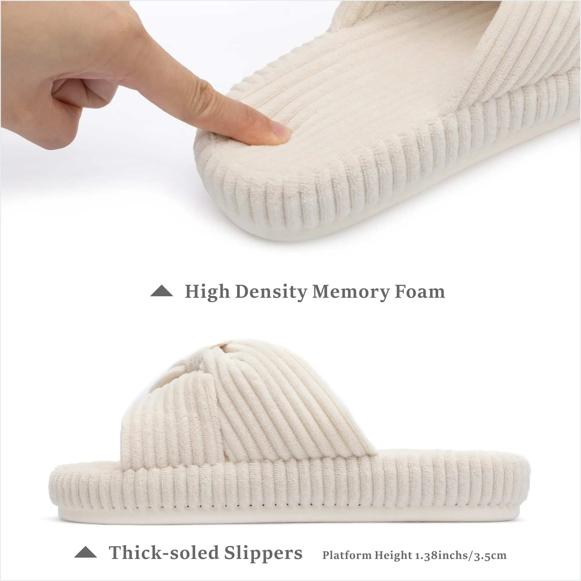 Chantomoo Slippers for Women Memory Foam House Bedroom Corduroy Bow Crossbands Slide Slipper Shoes Comfy Trendy Gift Slippers Beige Size 9 10 8.5