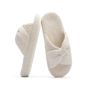 Chantomoo Slippers for Women Memory Foam House Bedroom Corduroy Bow Crossbands Slide Slipper Shoes Comfy Trendy Gift Slippers Beige Size 9 10 8.5