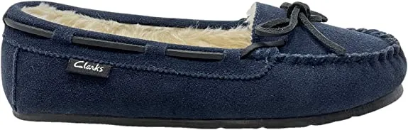 Clarks Navy Suede Slip On Faux Fur Lined Comfortable Breathable Moccasin Slipper