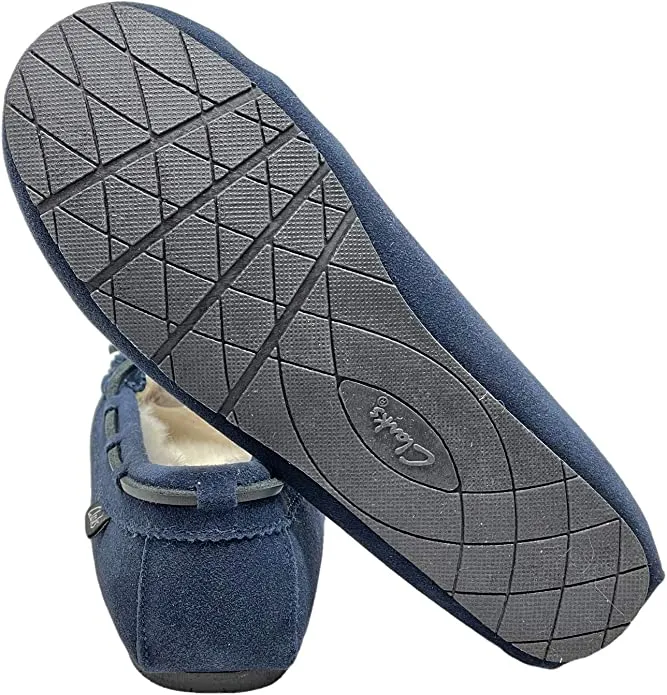 Clarks Navy Suede Slip On Faux Fur Lined Comfortable Breathable Moccasin Slipper