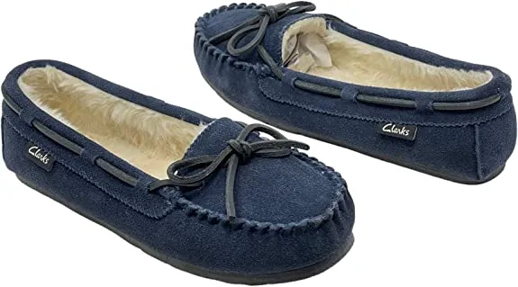 Clarks Navy Suede Slip On Faux Fur Lined Comfortable Breathable Moccasin Slipper