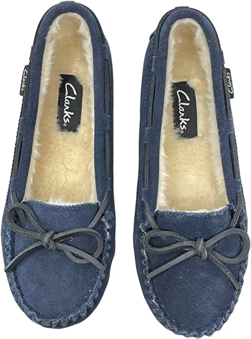 Clarks Navy Suede Slip On Faux Fur Lined Comfortable Breathable Moccasin Slipper