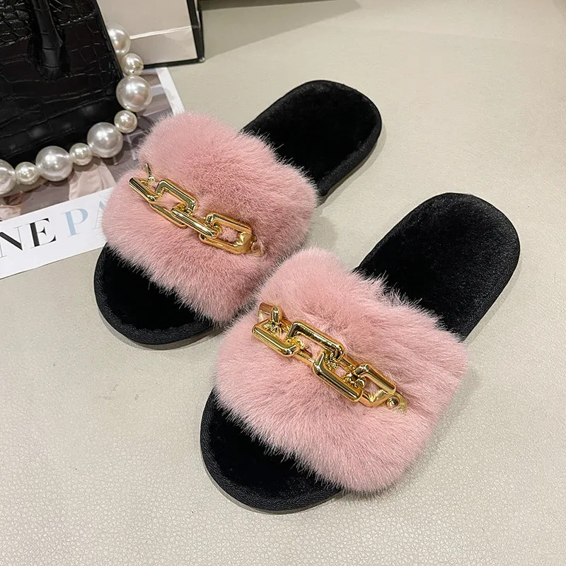 Faux-Fur Slippers with Gold Links for Women