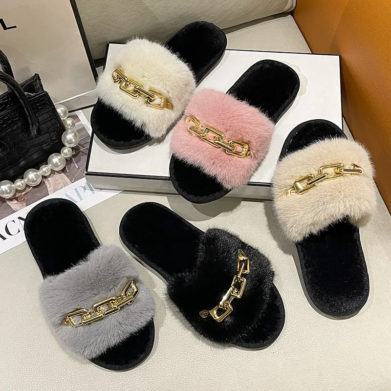 Faux-Fur Slippers with Gold Links for Women