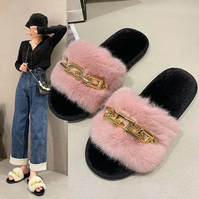 Faux-Fur Slippers with Gold Links for Women