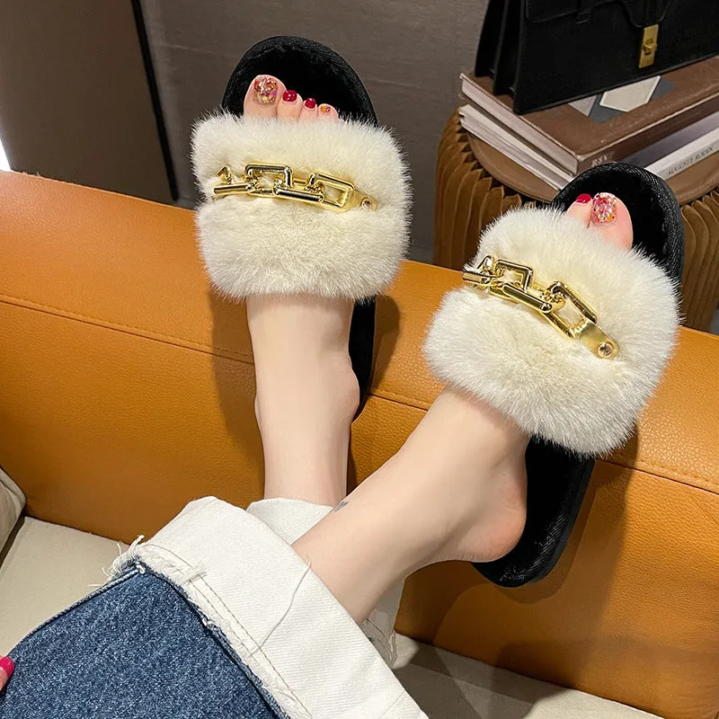 Faux-Fur Slippers with Gold Links for Women