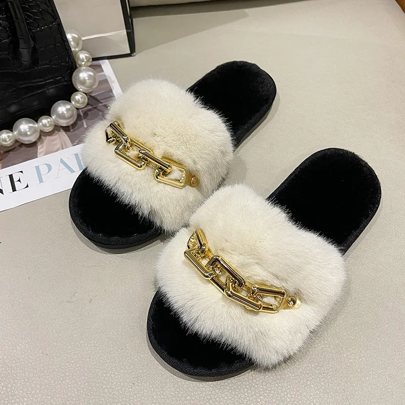 Faux-Fur Slippers with Gold Links for Women