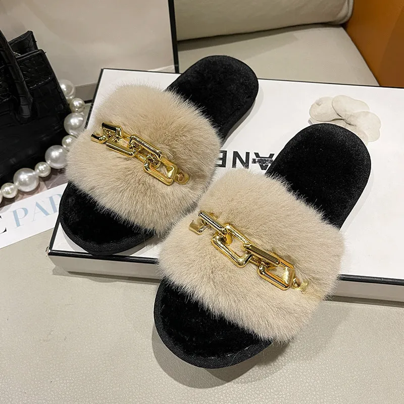 Faux-Fur Slippers with Gold Links for Women