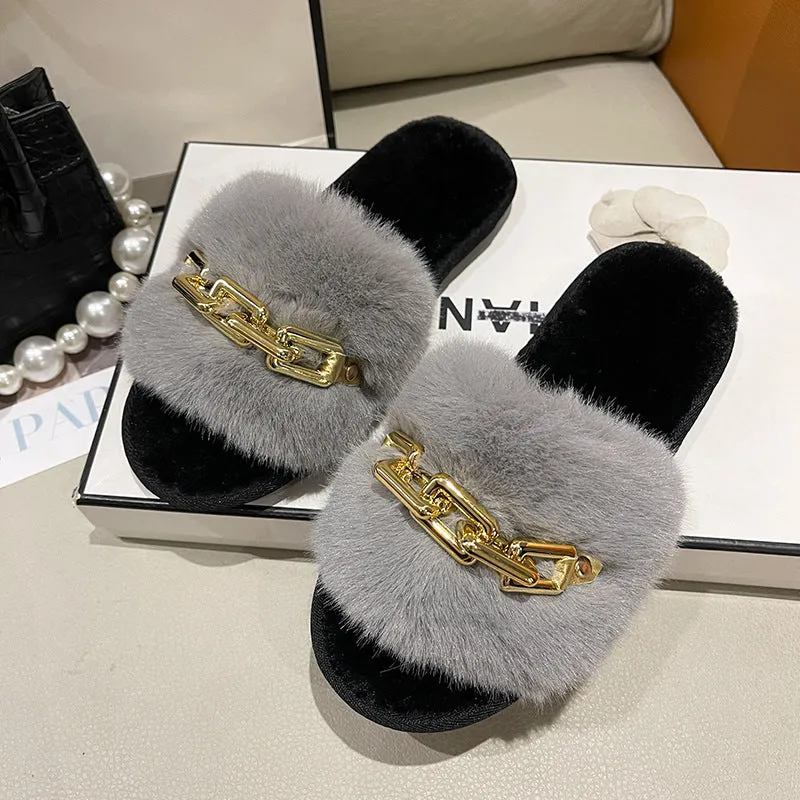 Faux-Fur Slippers with Gold Links for Women