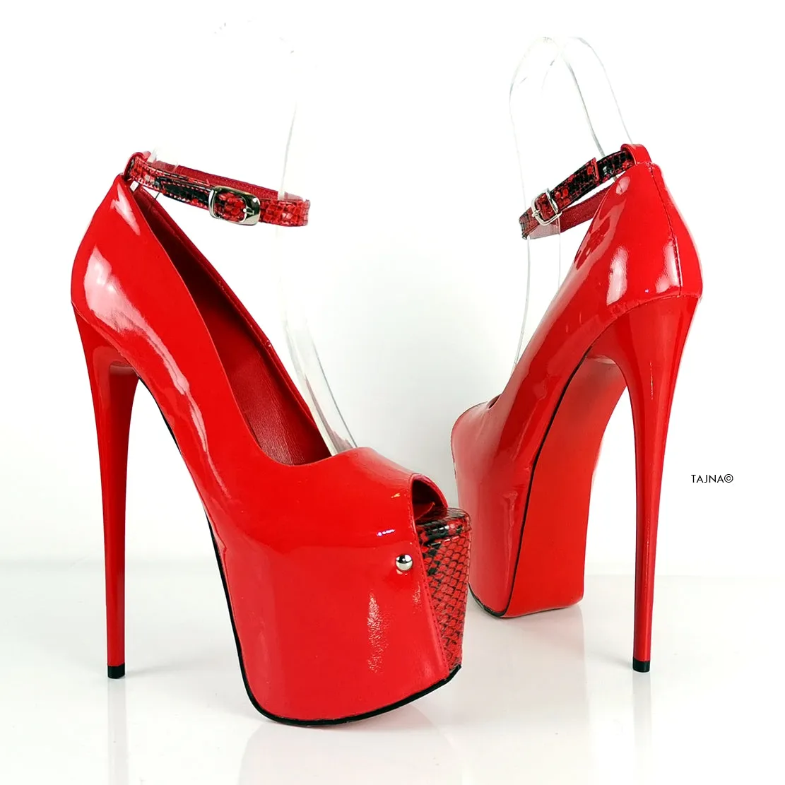 Genuine Leather Red Snake Detail Heels