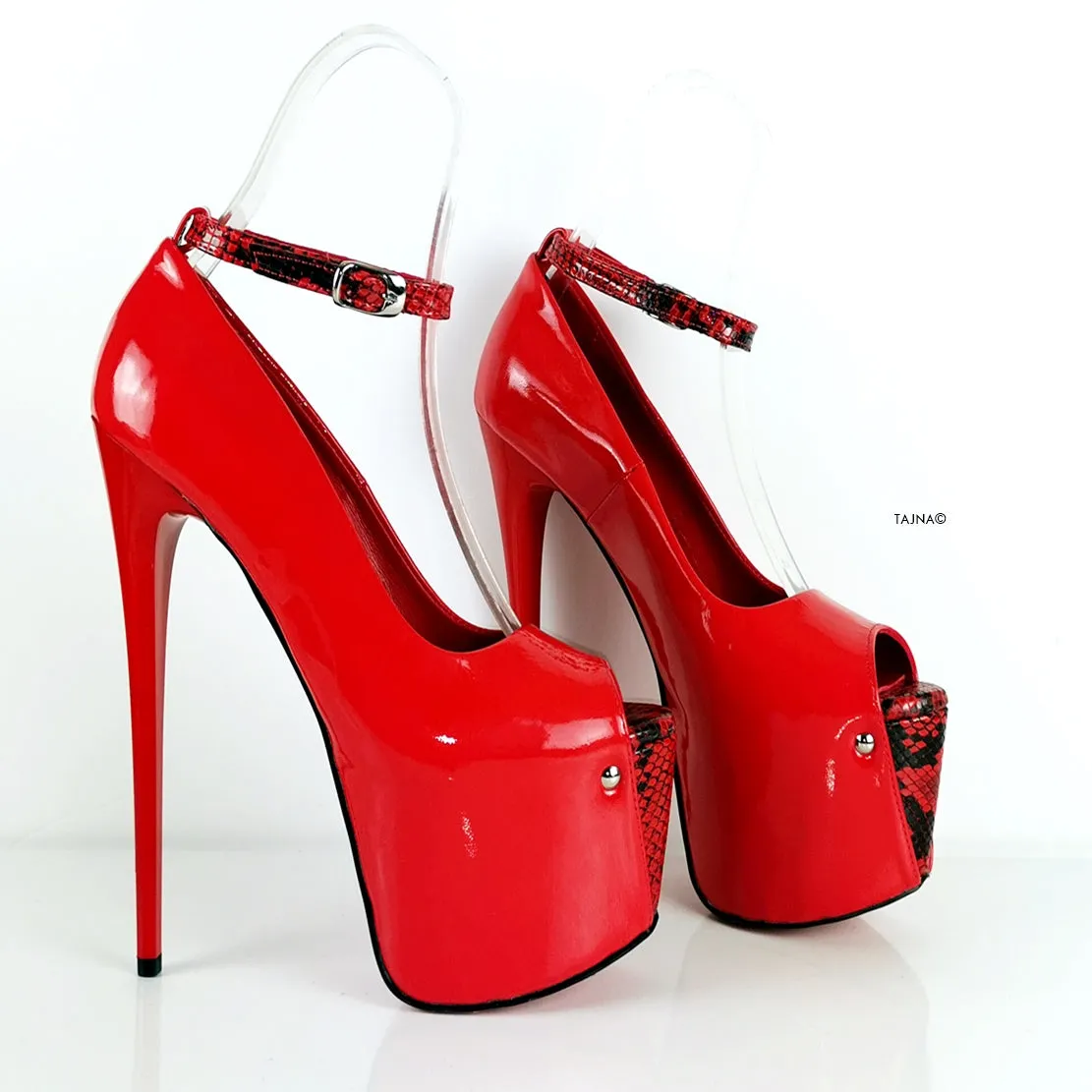 Genuine Leather Red Snake Detail Heels