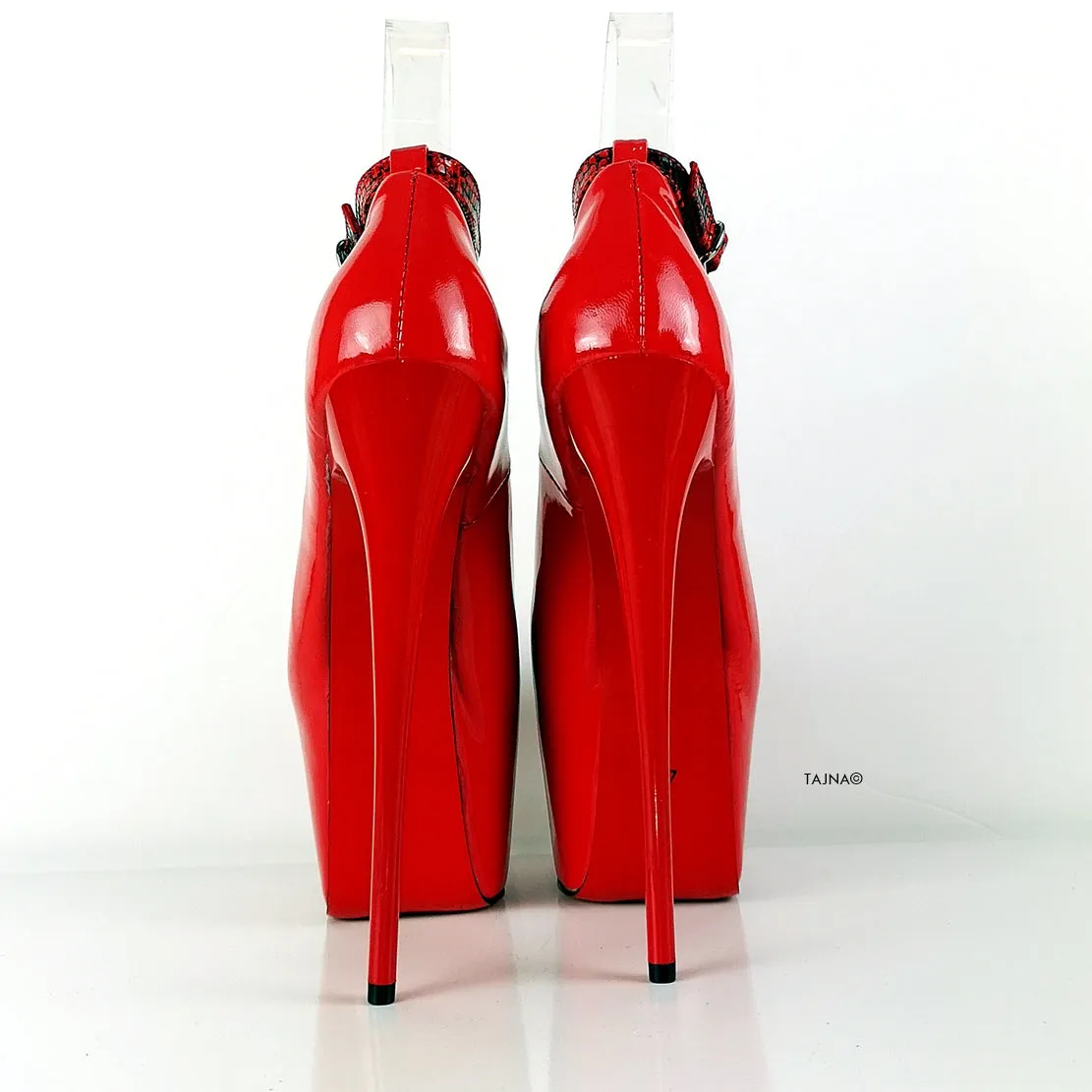 Genuine Leather Red Snake Detail Heels