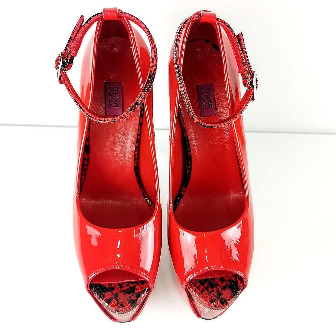 Genuine Leather Red Snake Detail Heels