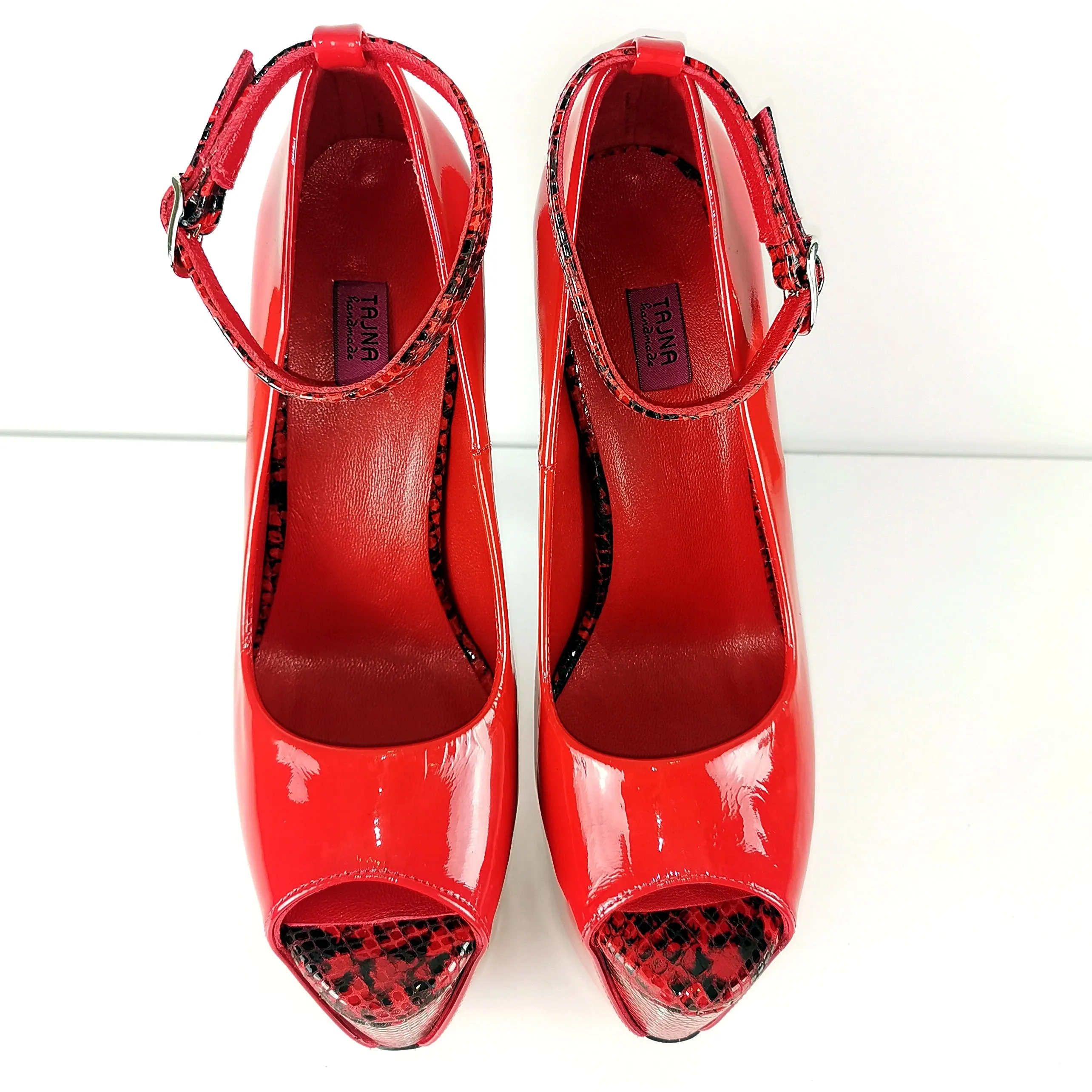 Genuine Leather Red Snake Detail Heels