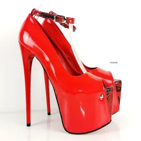 Genuine Leather Red Snake Detail Heels