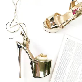 Gold Mirror Long Laces Platform Sandals