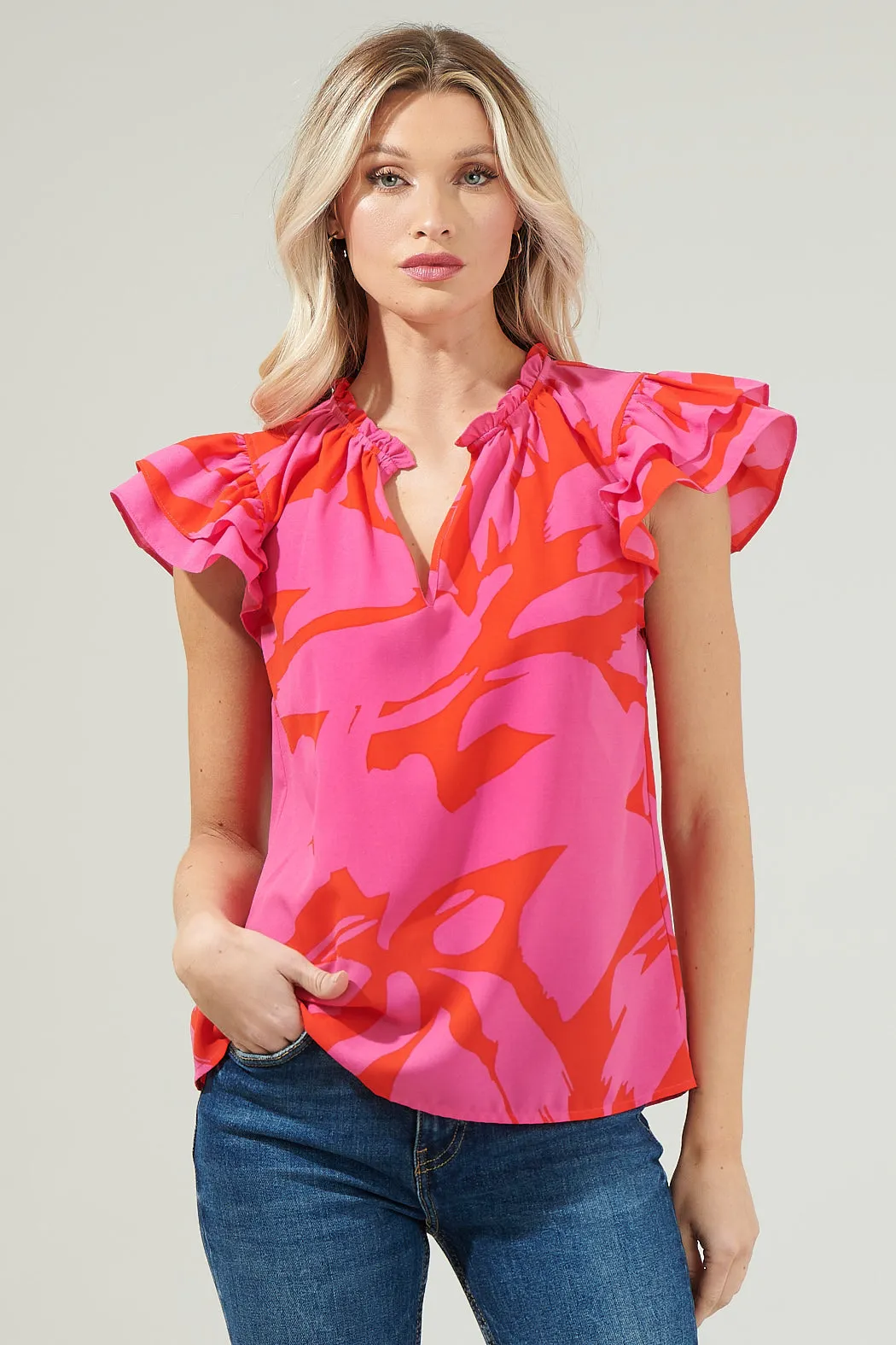 Jolene Abstract Bellissima Ruffle Sleeve Top