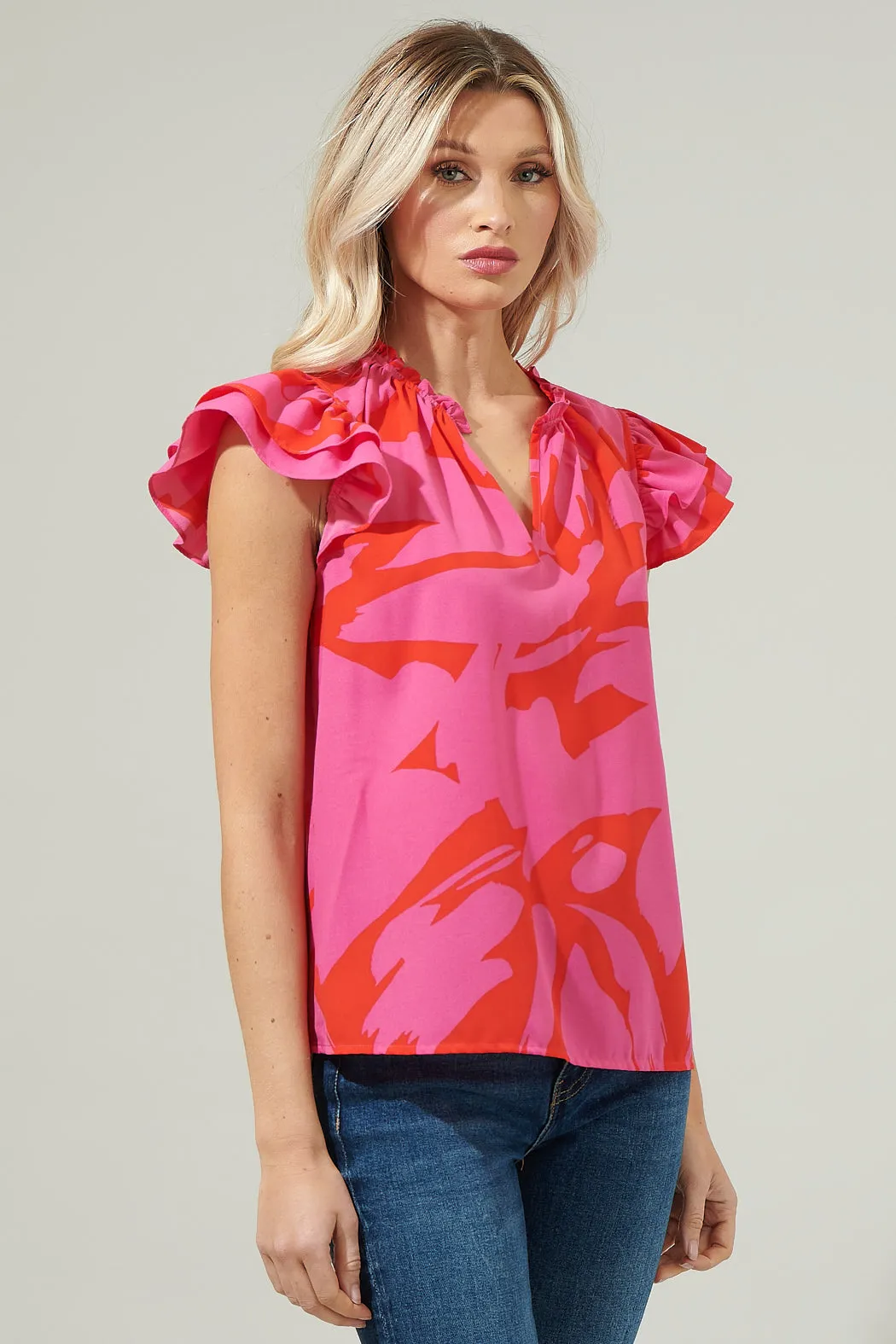 Jolene Abstract Bellissima Ruffle Sleeve Top