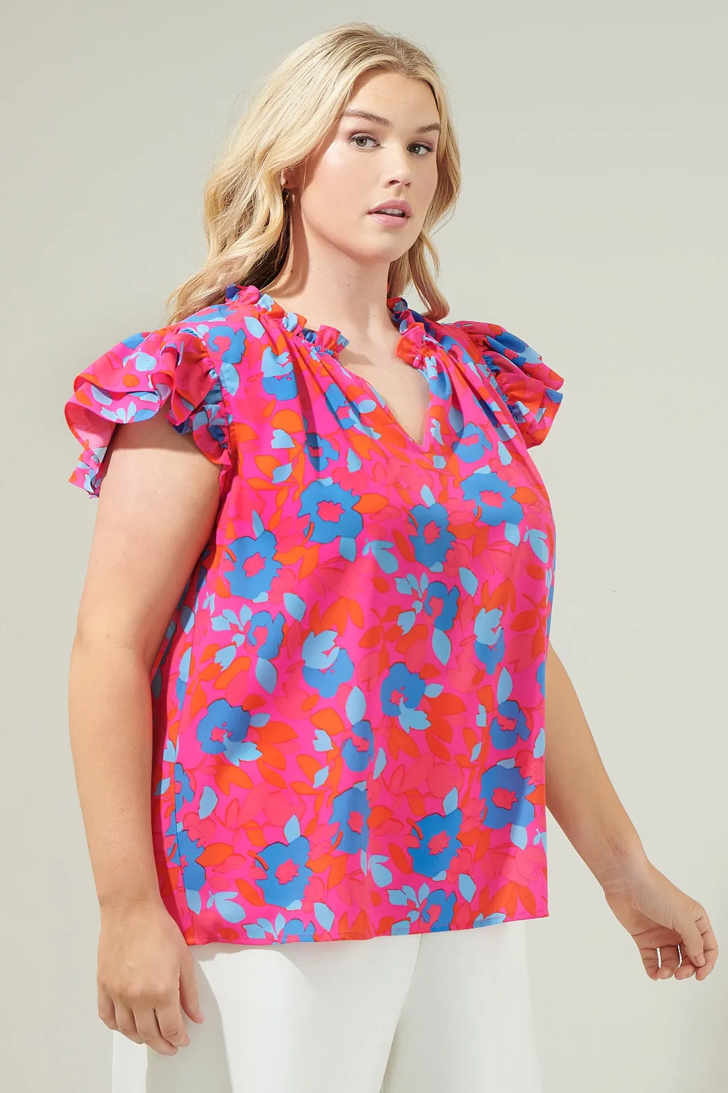 Lusma Floral Bellissima Ruffle Sleeve Top Curve