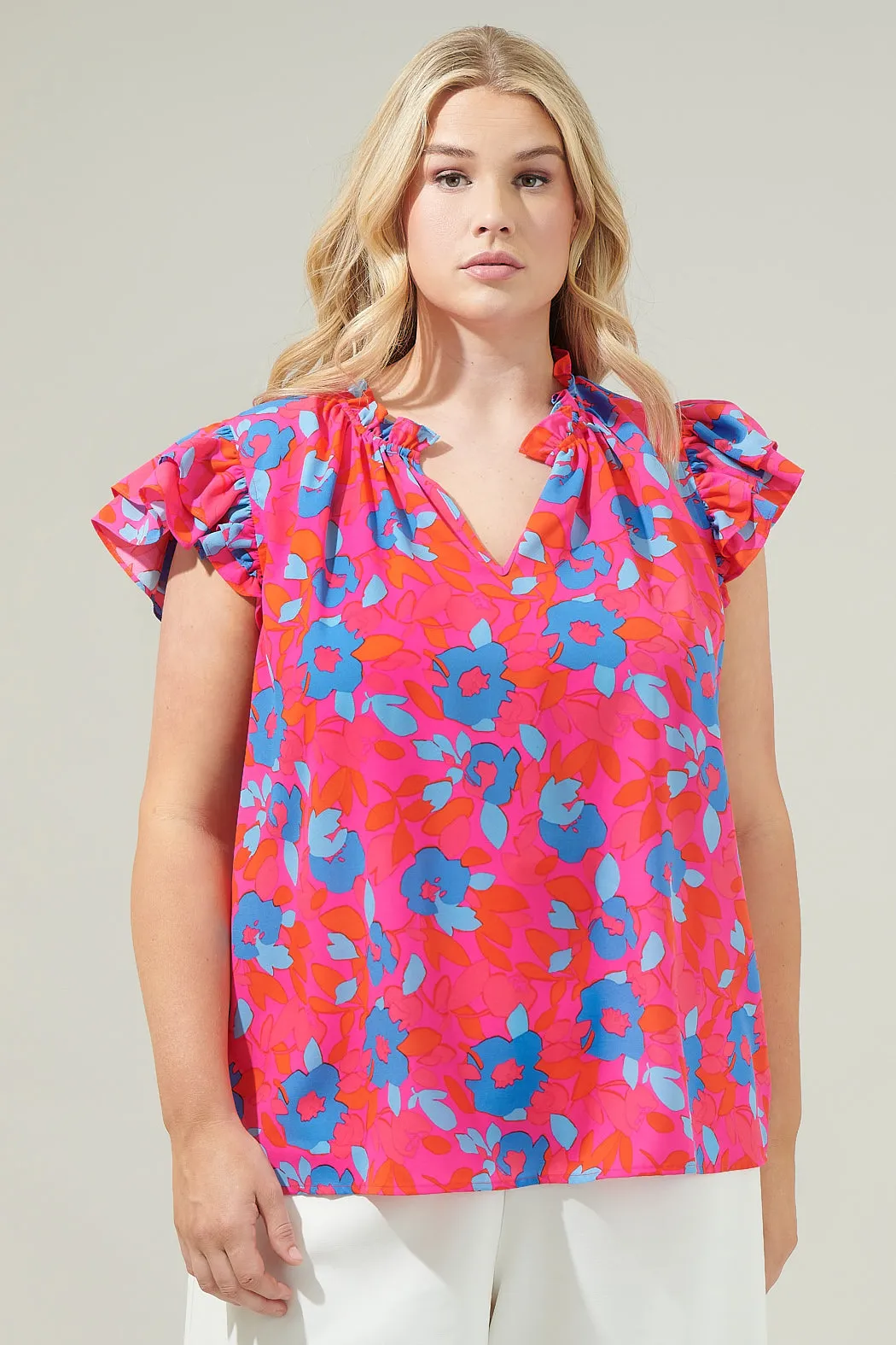 Lusma Floral Bellissima Ruffle Sleeve Top Curve