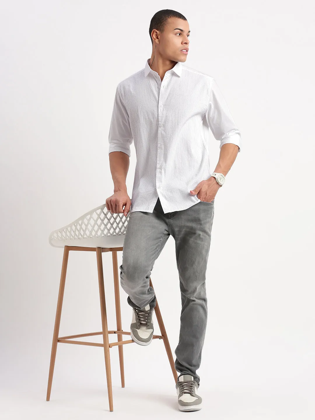 Men Vertical Stripes White Shirt