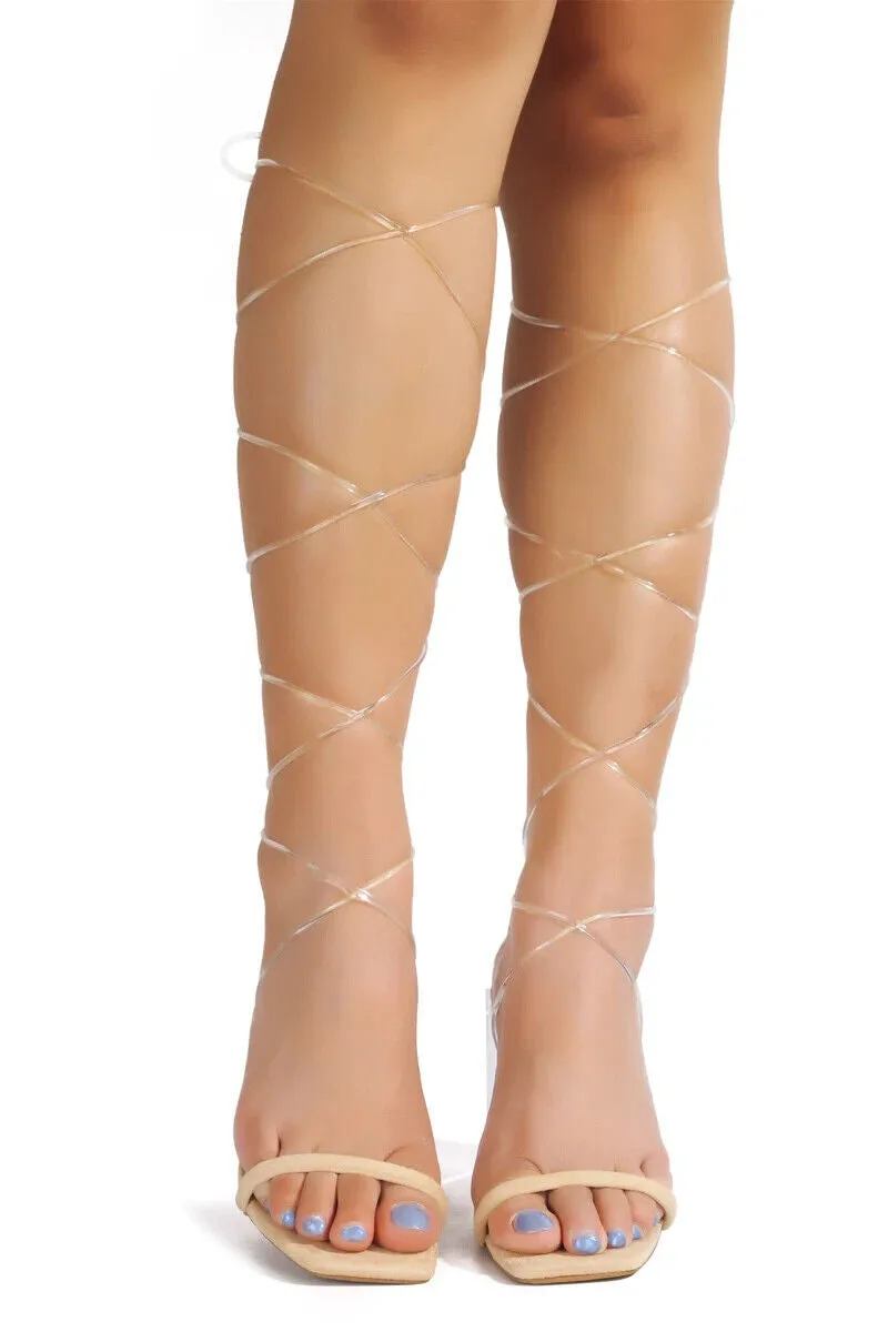 Michelle Parker Lets Tie Up Clear Chunky Strappy Block Heel Transparent Sandals