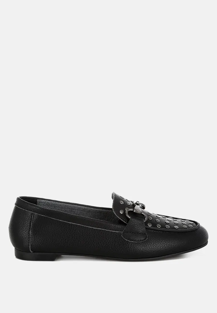 Modaha Horsebit & Studs Embellished Real Leather Loafers