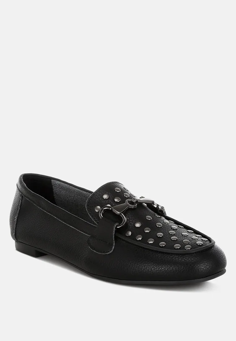 Modaha Horsebit & Studs Embellished Real Leather Loafers