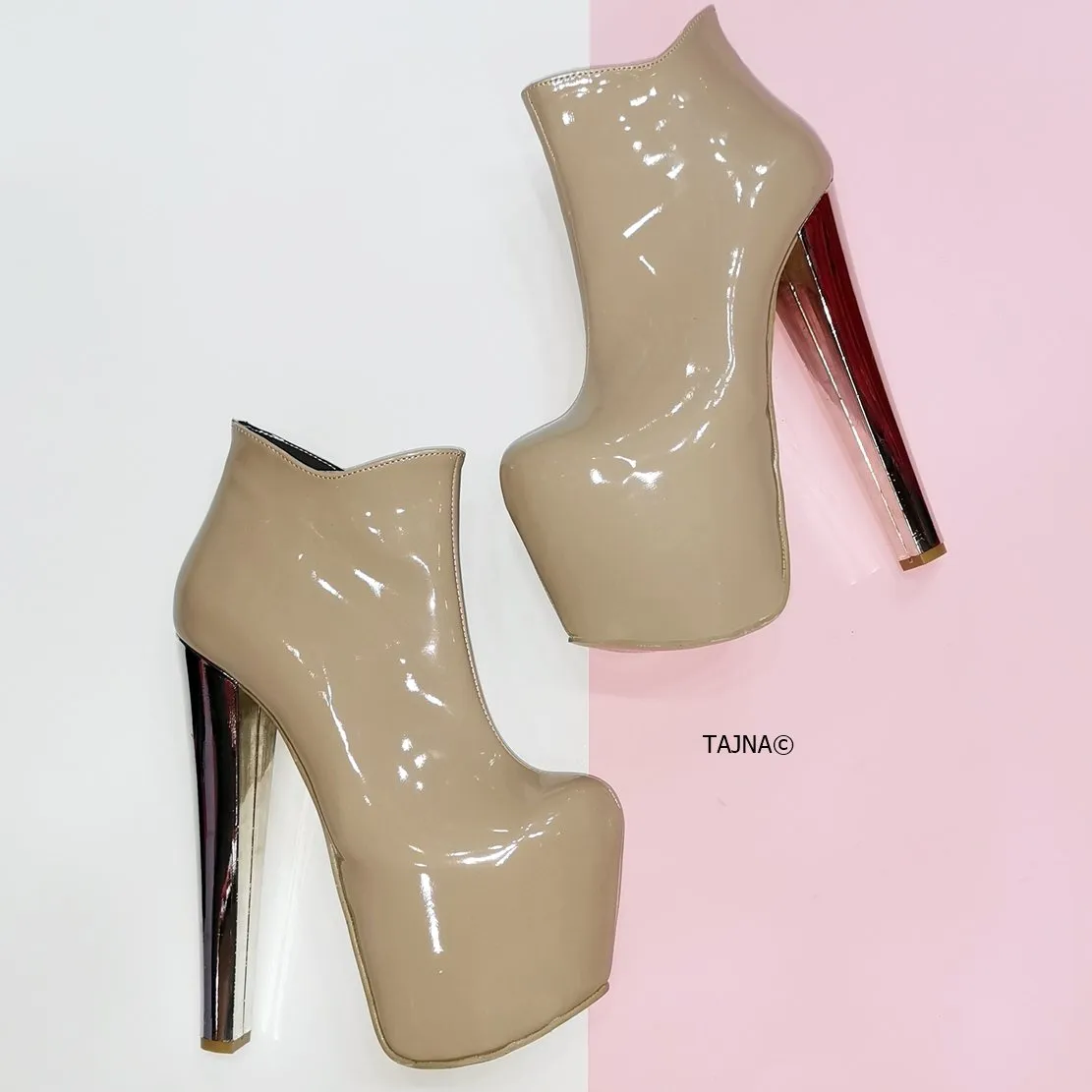 Nude Beige Patent Ankle Booties