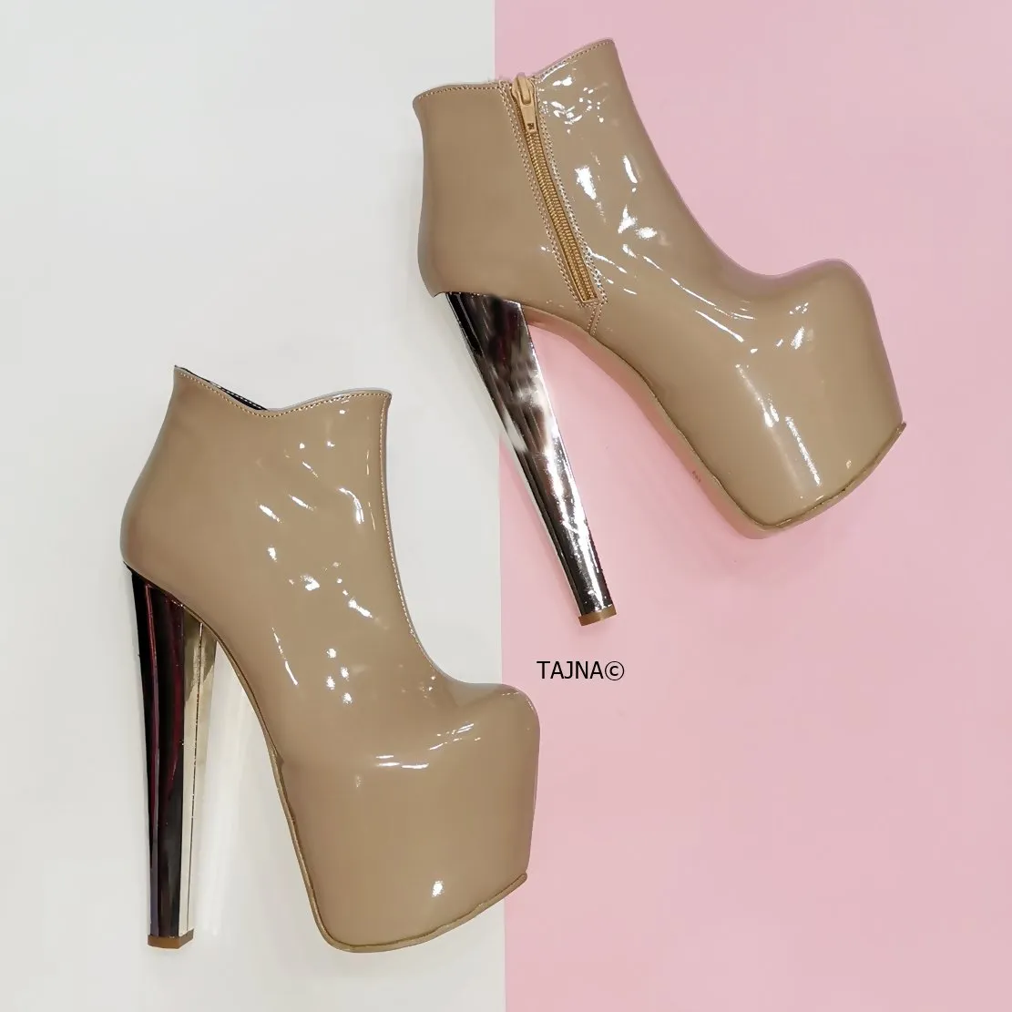 Nude Beige Patent Ankle Booties
