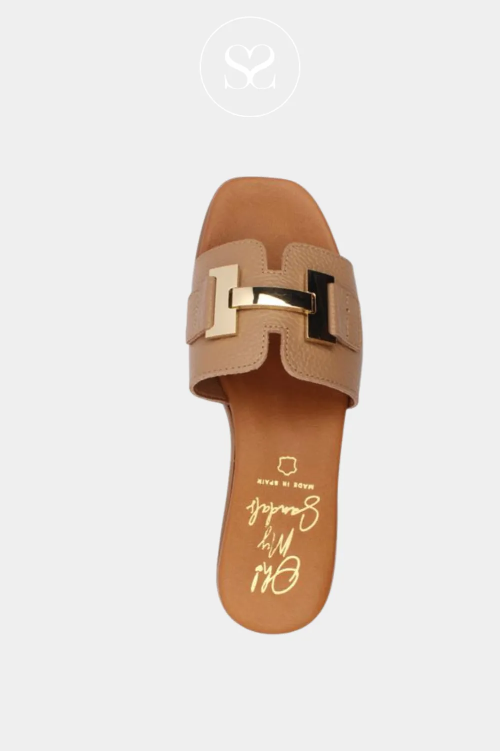 OH MY SANDALS 5605 CAMEL LEATHER HEELED SLIDER SANDALS