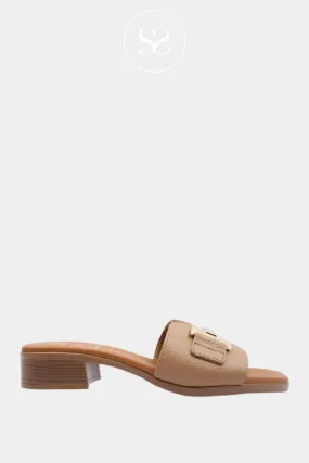 OH MY SANDALS 5605 CAMEL LEATHER HEELED SLIDER SANDALS