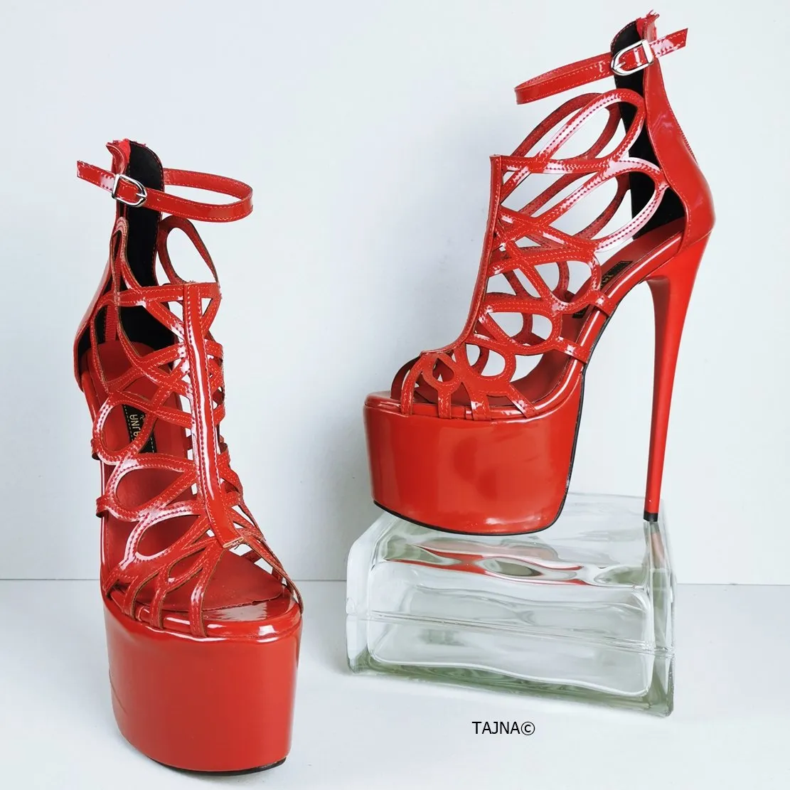 Red Patent Laser Cage Ankle Heels