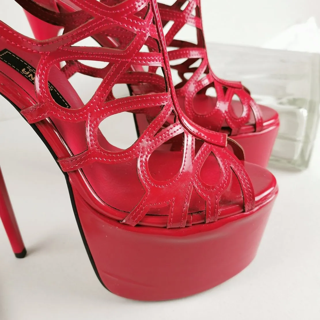 Red Patent Laser Cage Ankle Heels