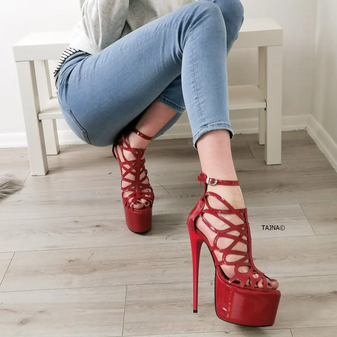 Red Patent Laser Cage Ankle Heels