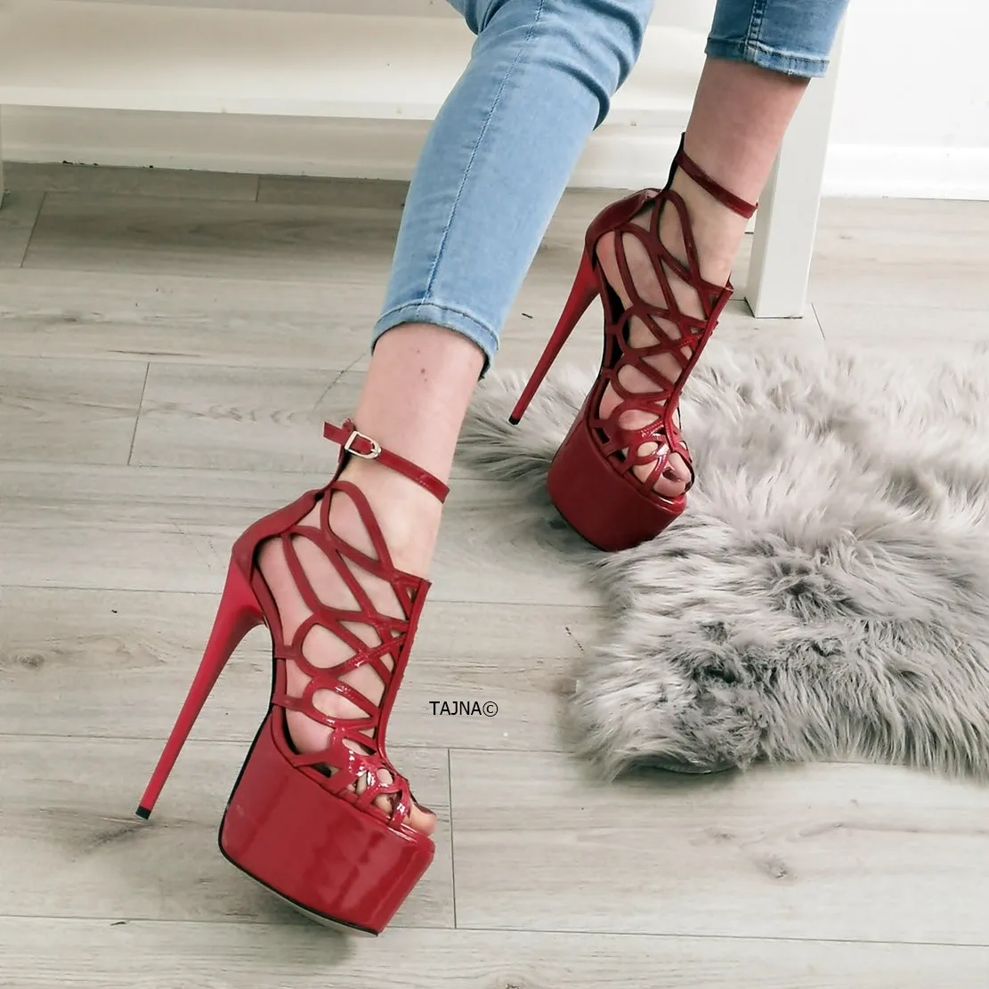 Red Patent Laser Cage Ankle Heels