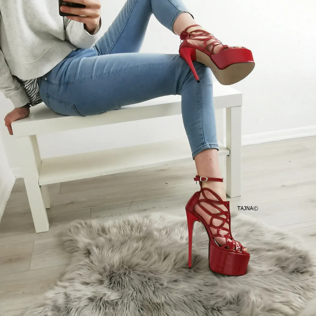 Red Patent Laser Cage Ankle Heels