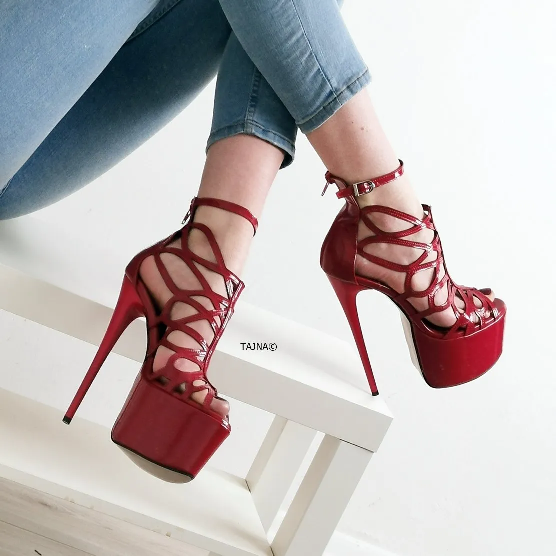 Red Patent Laser Cage Ankle Heels