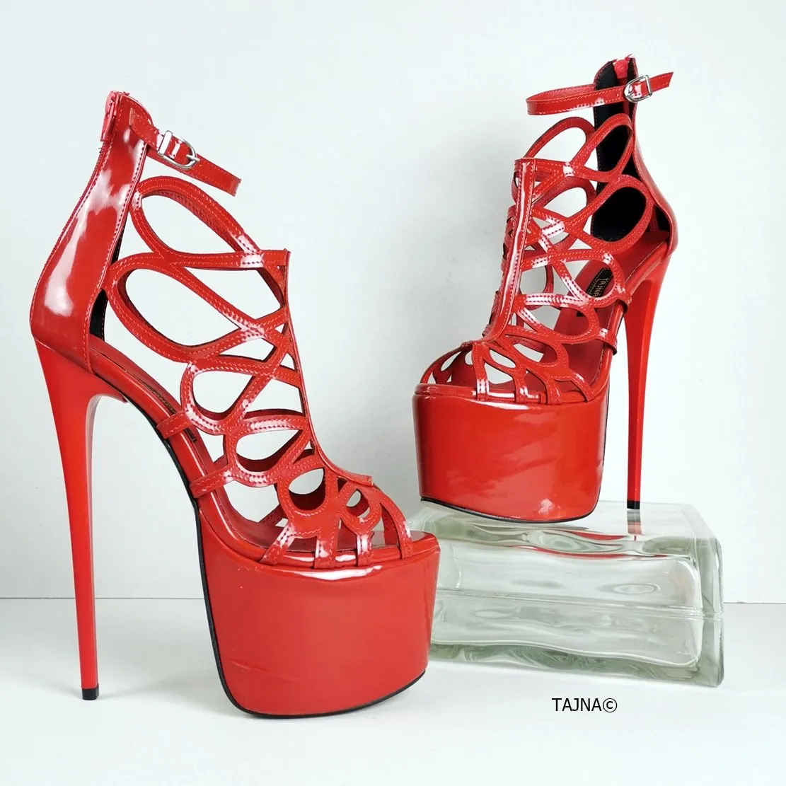 Red Patent Laser Cage Ankle Heels