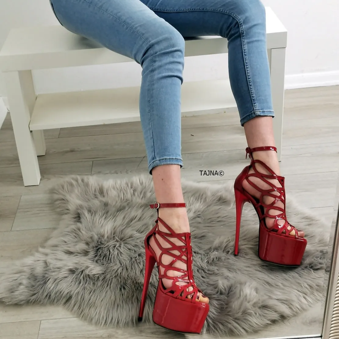 Red Patent Laser Cage Ankle Heels