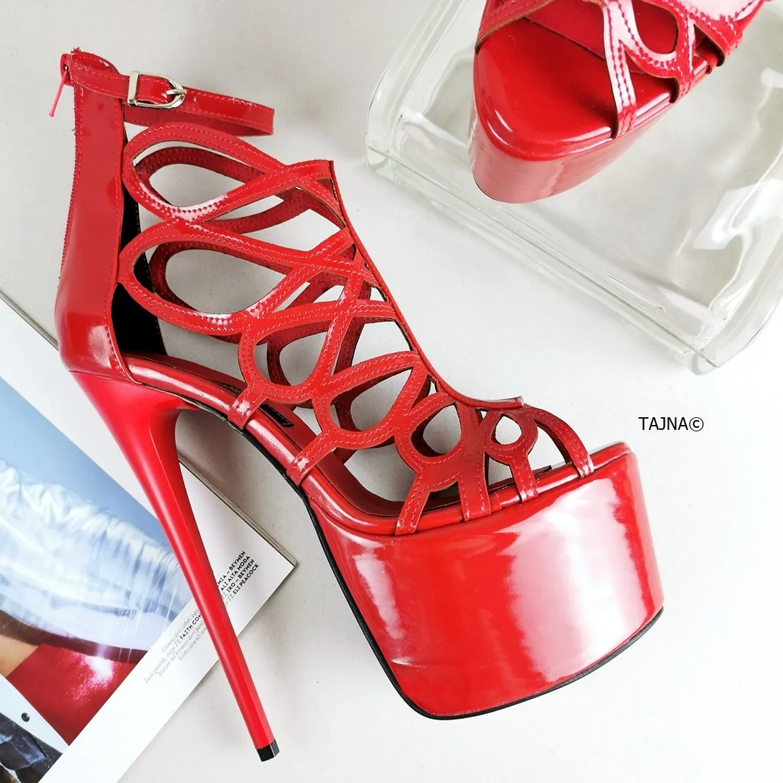 Red Patent Laser Cage Ankle Heels