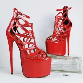 Red Patent Laser Cage Ankle Heels