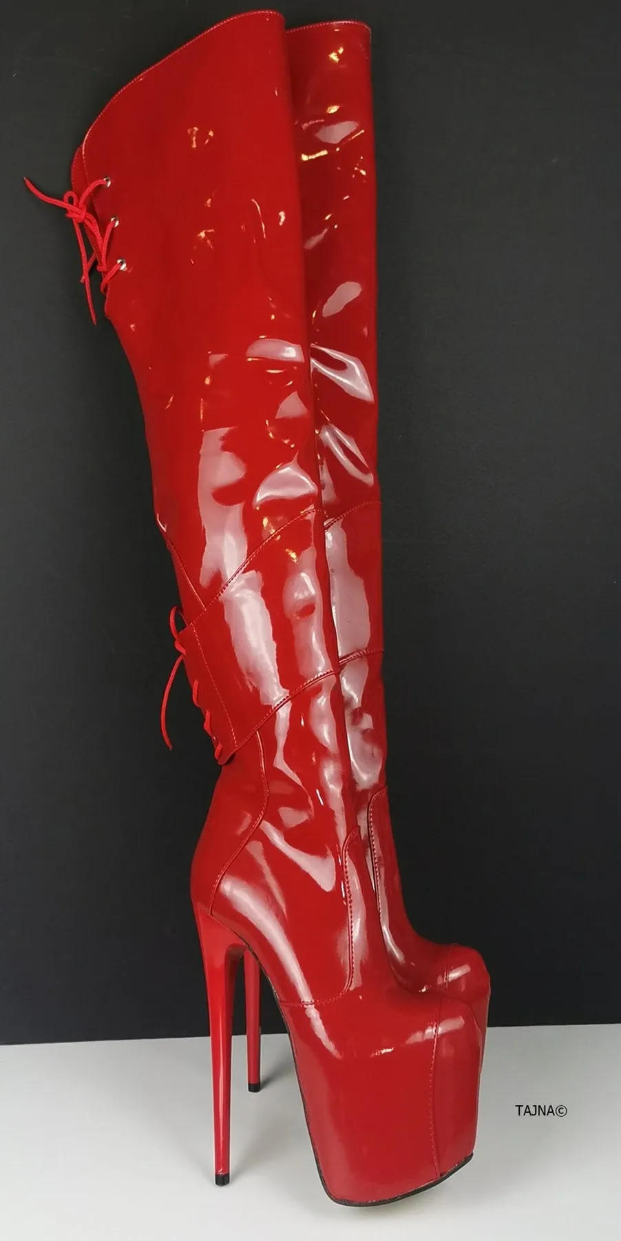 Red Patent Over Knee Heel Boots